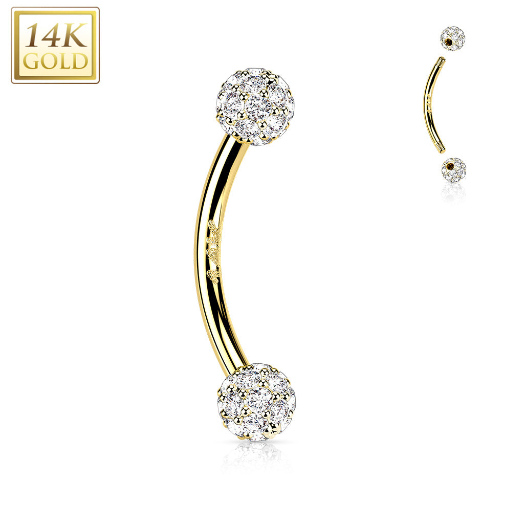 14K Yellow Gold 16G Curved Eyebrow Barbell 5/16"(8mm) w/ Paved Balls
